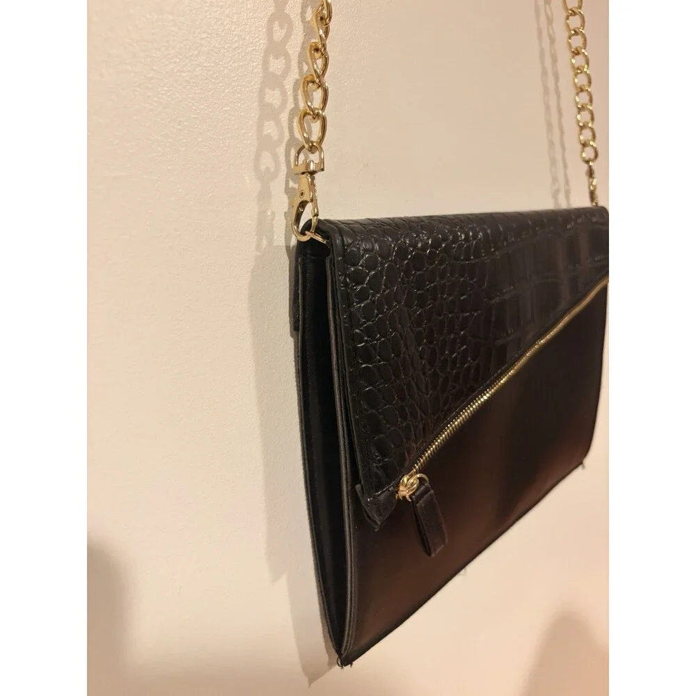 Black Crocodile Embossed Crossbody Clutch, Zip/Snap, Detach Chain Strap, Gold